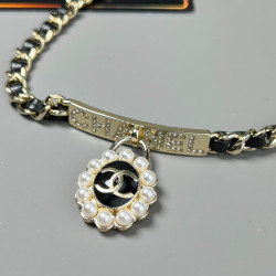 Chanel Rhinestone alphabet brand wears leather chain Choker Necklace