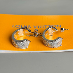 LV earrings, half circle design, carved LV logo and logo on the inner and outer circles