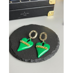 LV earrings, engraved with LV standard pattern on the circle and hung with green small peach hearts below