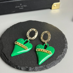 LV earrings, engraved with LV standard pattern on the circle and hung with green small peach hearts below
