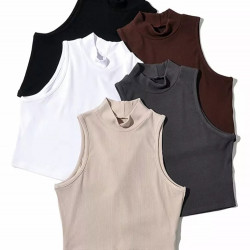 Summer Black Women Fashion Crop Top High Neck White Sleeveless Tank Tops 5 Colors