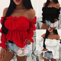 Womens Tops and Blouses Sexy Solid Color Off Shoulder Ruff Sleeve Long Sleeve Ruffled Women Blouse Women Shirts