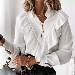 Casual Leopard Dot Print Ruffle Blouse Shirt Autumn Winter Long Sleeve Women Shirts Elegant Office Lady V