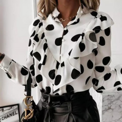 Casual Leopard Dot Print Ruffle Blouse Shirt Autumn Winter Long Sleeve Women Shirts Elegant Office Lady V