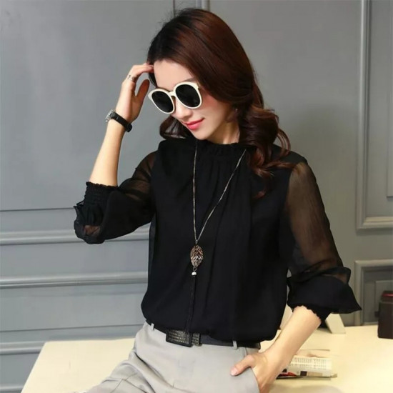 Chiffon Blouse   New Women Tops Long Sleeve Stand Neck Work Wear Shirts Elegant Lady Blouses Casual Solid Color Blusas