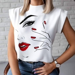 Fashion Women Elegant Lips Print Tops and Blouse Shirts Summer Ladies Office Casual Stand Neck Pullovers Eye Blusa Tops