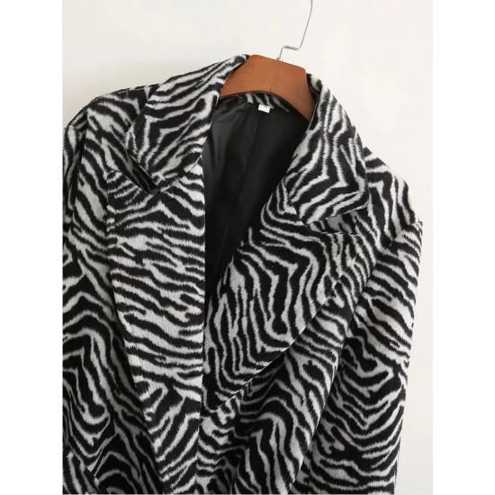 Fashion Zebra stripe print winter long coat women with belt Double breasted thick warm soft slim fit Elegant streetwear