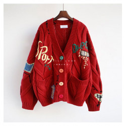 Autumn Winter Women Cardigan Warm Knitted Sweater Jacket Pocket Embroidery Fashion Knit Cardigans Coat Lady Loose Sweaters