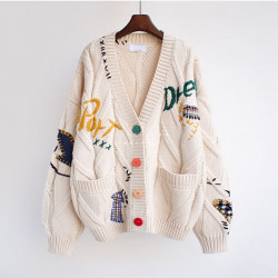 Autumn Winter Women Cardigan Warm Knitted Sweater Jacket Pocket Embroidery Fashion Knit Cardigans Coat Lady Loose Sweaters