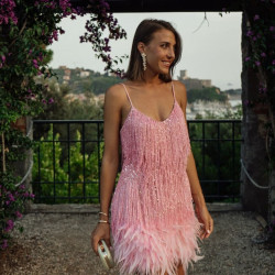 Sequins Tassel Feather Mini Dress Women 2022 Summer Spaghetti Strap V-Neck Backless Evening Party Club Elegant Dresses Sexy Prom
