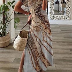 Summer Beach Maxi Dress for Women 2022 Vintage Loose Short Sleeve V-Neck Split Elegant  Floral Sexy Long Dresses Party Robe