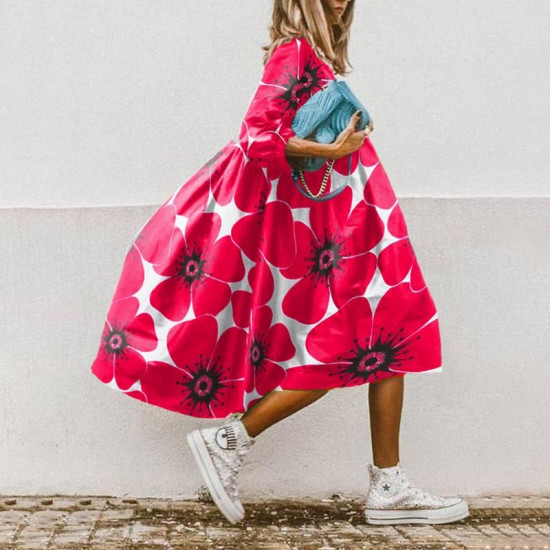 2022 Summer Women Loose Floral Print Midi Dress Vintage Half Sleeve O Neck Elegant Casual Boho Beach Party Dresses Vestidos New  Model: 