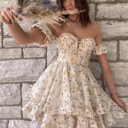 Floral Mini Dress Corset Off Shoulder Women Ruffle Sexy Puff Sleeve Summer 2022 Streetwear