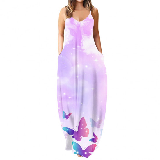 2022 Women Casual Loose Strap Dress Colors Summer Sexy Boho Bow Camis Pocket Maxi Dress Big Large Dresses Robe Femme