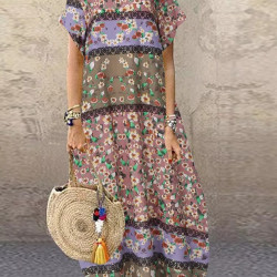Summer Maxi Dress Women's Printed Sundress Casual Short Sleeve Vestidos Female High Waist Robe 