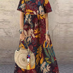 Summer Maxi Dress Women's Printed Sundress Casual Short Sleeve Vestidos Female High Waist Robe 