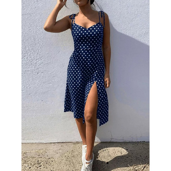 Dresses 2022 Sundress Summer Women Causal Polka Dot Sleeveless High Pleated elastic waist V-Neck Beach