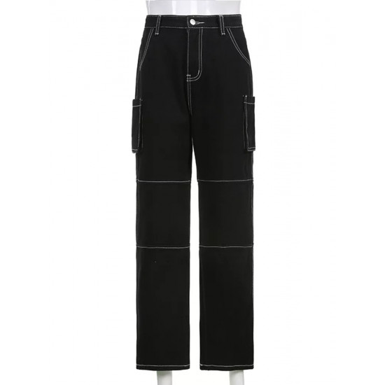 Pockets Patchwork Baggy Jeans Fashion Streetwear 100% Cotton Women Denim Trouser Loos