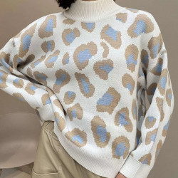 Winter Women's Sweater Leopard Print Animal Basic White Turtleneck Oversize Jumper Vintage Warm