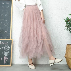 Fashion  Tulle Skirt Women Long Maxi Skirt  Spring Summer Korean Black Pink High Waist Pleated