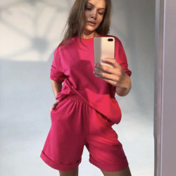 Green Suit Shorts with T-shirt for Women and Top Loose Oversize 100% Cotton Summer Two Piece Set Women Classic Tracksuit Casual