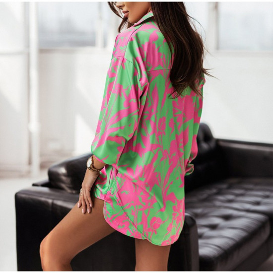 Print Shorts Suits Woman Vintage Long Sleeve Shirt And Short Pants Suit Two Piece Set Female Casual Outfit