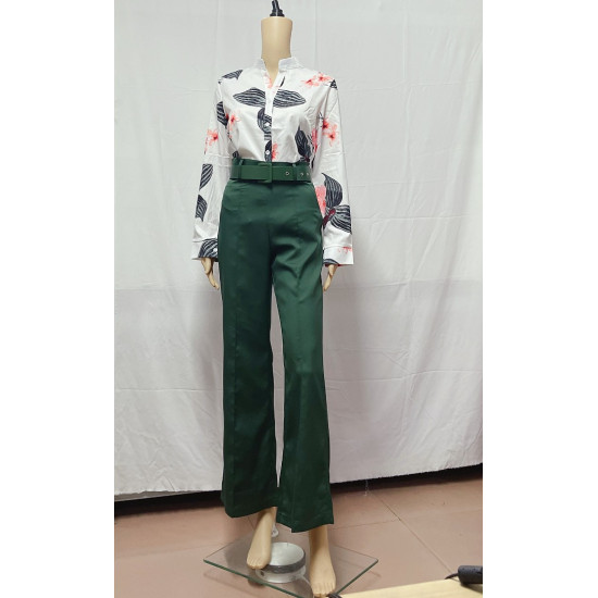 Autumn Trend Casual Leaf Print Buttoned Shirt & High Waist Pants Two Pieces Set Women Tracksuit Office Clothes