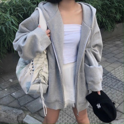 Women Hoodies  Korean Version Zip Up Loose Oversized Sweatshirts Casual Solid Color Long Sleeve Hooded Sweatshirt Coats