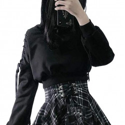 Women Long Sleeve Hoodies Cat Ears Hoodie Gothic Punk Cold Shouler Bandage Gothic Black Sweatshirts