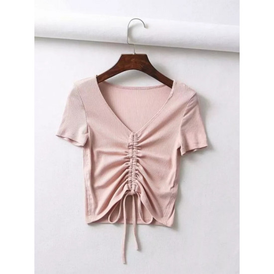 Sexy V Neck Cropped Tank Tops Women Drawstring Tie Up Front Camis Candy Colors Streetwear Slim Fit Ribbed Crop Top 2022