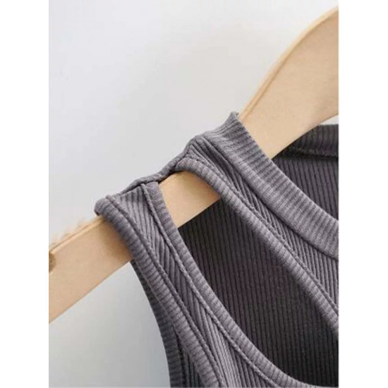 Girls New Asymmetrical Hollow Solid Color Knitted Round Neck Short-sleeved Summer Sexy Vest on The Chest