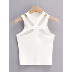 Girls New Asymmetrical Hollow Solid Color Knitted Round Neck Short-sleeved Summer Sexy Vest on The Chest