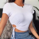 White T shirt Crop Tops Women Summer Short Sleeve Solid Round Neck Short Tee Top Drawstring Slim Fashion Female Shirts