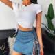 White T shirt Crop Tops Women Summer Short Sleeve Solid Round Neck Short Tee Top Drawstring Slim Fashion Female Shirts