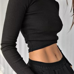 O Neck Long Sleeve Shirt Women Ribbed Sexy Cropped Tops 2022 Spring Black Casual Skinny Slim Basic Woman