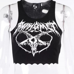 Gothic Knitted Punk Black Tank Tops Mall Goth Grunge Goat Print Harajuku Women Crop Tops Skinny Sleeveless